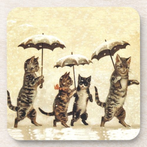 Vintage Striped Cats Umbrellas Dancing Snow Drink Coaster