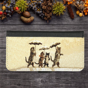 Vintage Striped Cats Umbrellas Dancing Snow iPhone 8/7 Wallet Case