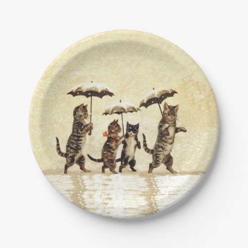 Vintage Striped Cats Umbrellas Dancing Snow Paper Plates