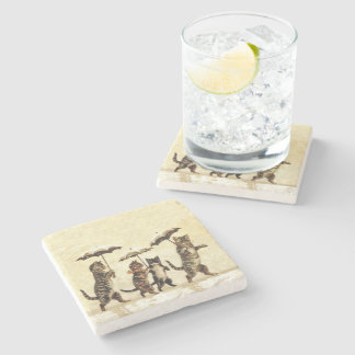Vintage Striped Cats Umbrellas Dancing Snow Stone Coaster
