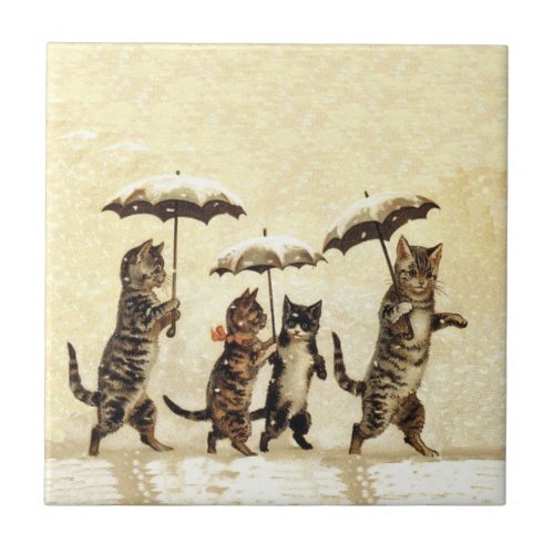 Vintage Striped Cats Umbrellas Dancing Snow Tile