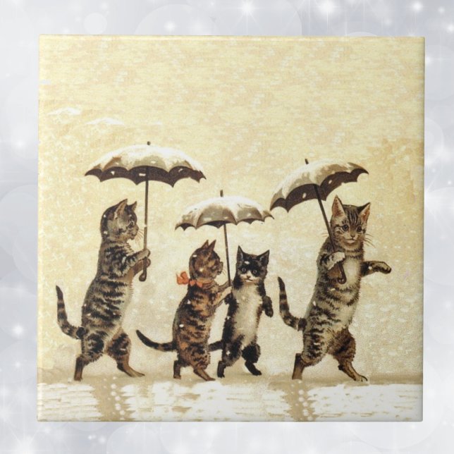 Vintage Striped Cats Umbrellas Dancing Snow Tile (Four brown striped cats walking upright with umbrellas in snow on decorative tile.)