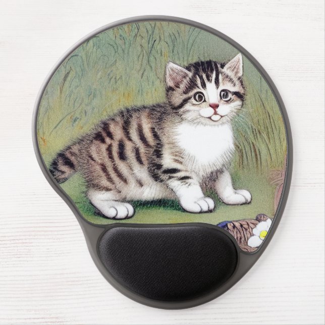 Vintage Striped Kitten Illustration Gel Mouse Pad (Front)