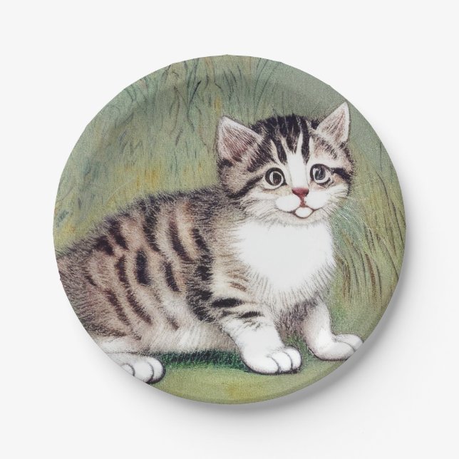 Vintage Striped Kitten Illustration Paper Plates (Front)