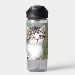 Vintage Striped Kitten Illustration Water Bottle