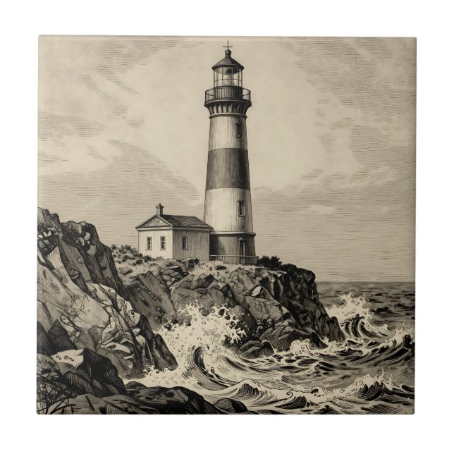 Vintage Striped Lighthouse Stormy Coast  Ceramic Tile (Front)