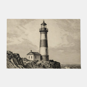 Vintage Striped Lighthouse Stormy Coast Doormat