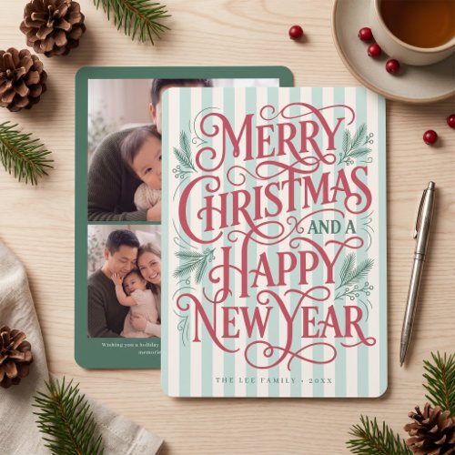 Vintage Striped Merry Christmas Photo Holiday Card