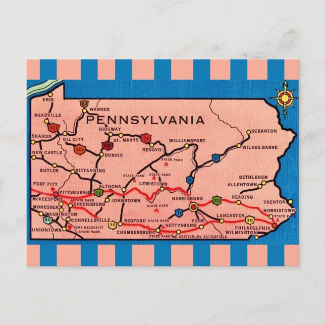 Vintage Striped Pennsylvania Map  Postcard (Front)