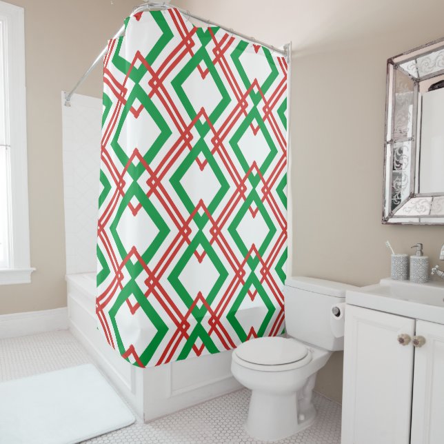 Vintage striped red and green shower curtain (In Situ)