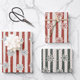 Vintage Striped Snowflake Red and Green Wrapping Paper Sheets
