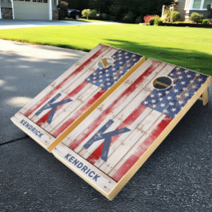 Vintage Stripes and Stars Patriotic American Flag Cornhole Set