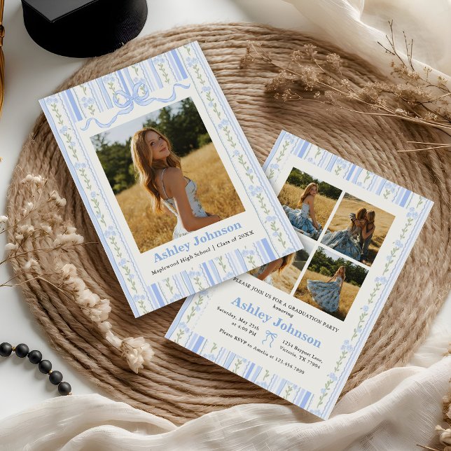 Vintage Stripes Blue Bow Graduation Photo Invitation (Creator Uploaded)
