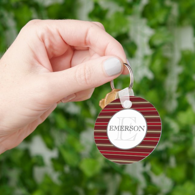 Vintage Stripes Burgundy Red Tan White Custom Keychain (Hand)