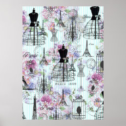 Vintage stripes Eiffel Tower collage pink floral Poster