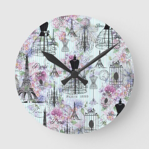 Vintage stripes Eiffel Tower collage pink floral Round Clock