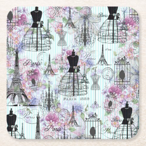 Vintage stripes Eiffel Tower collage pink floral Square Paper Coaster