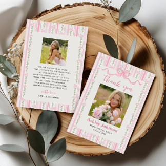 Vintage Stripes Pink Bow Graduation Photo Thank You Card