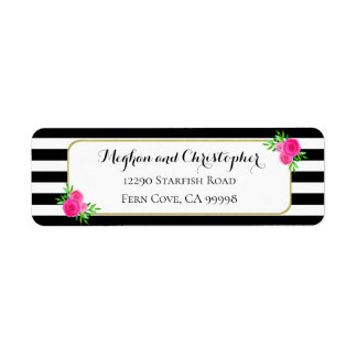 Vintage Stripes Pink Floral Wedding Return Address Label