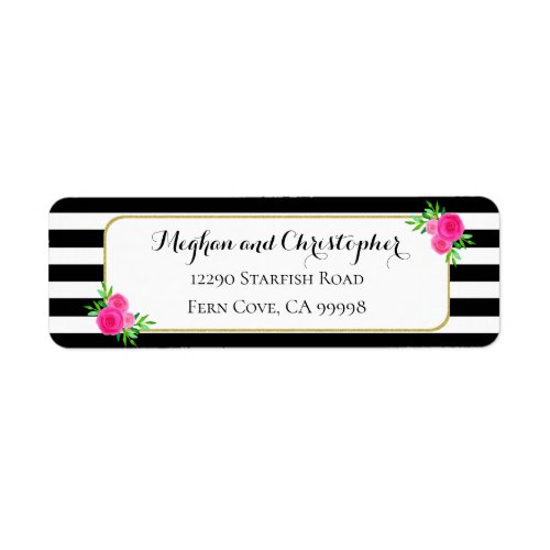 Vintage Stripes Pink Floral Wedding Return Address Label