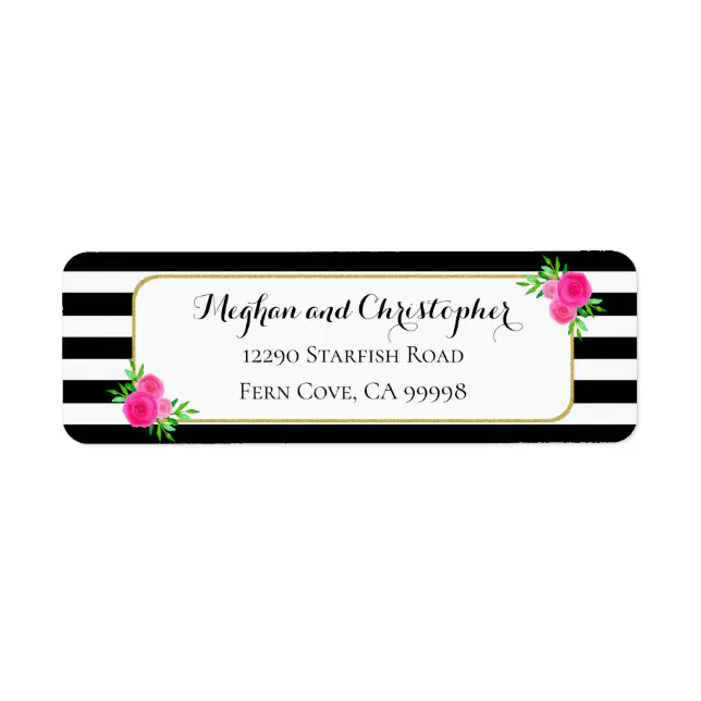 Vintage Stripes Pink Floral Wedding Return Address Label | Zazzle