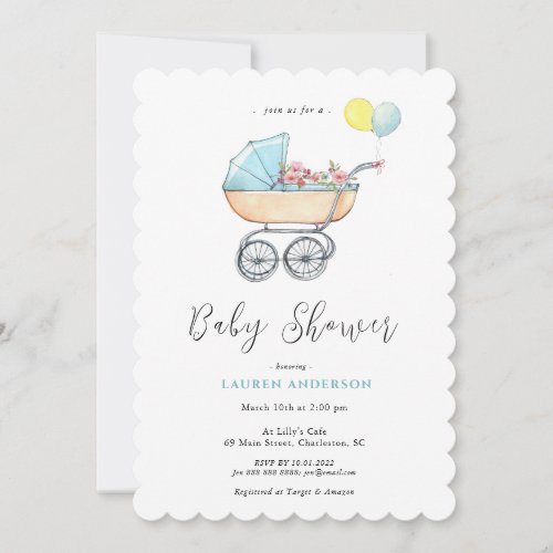 Vintage stroller Baby Boy Baby Shower Invitation