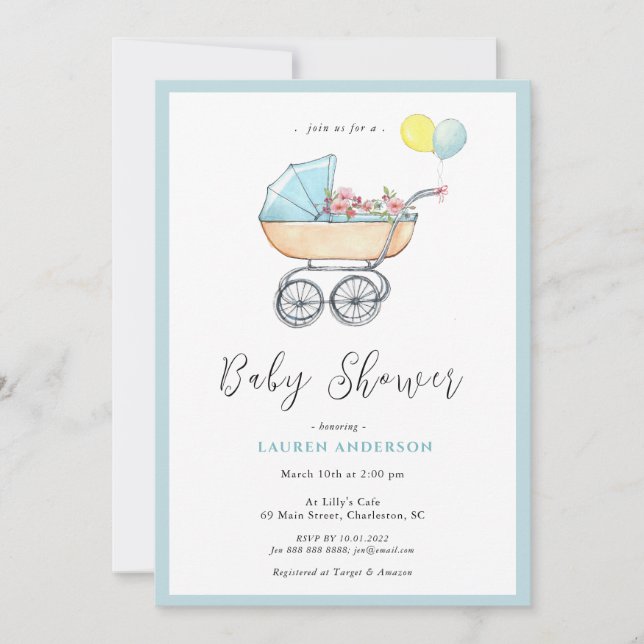 Vintage stroller Baby Boy Baby Shower Invitation (Front)