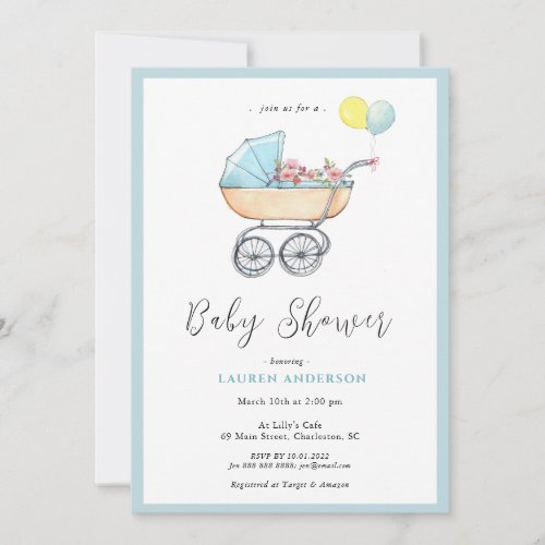 Vintage stroller Baby Boy Baby Shower Invitation