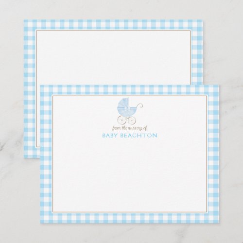 Vintage Stroller Blue Gingham Baby Boy Note Cards
