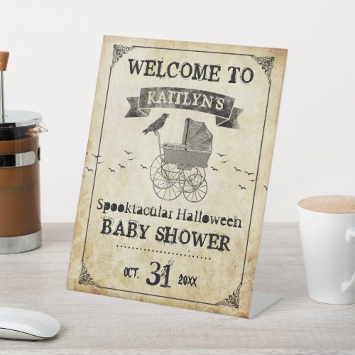 Vintage Stroller Halloween Baby Shower Welcome Pedestal Sign