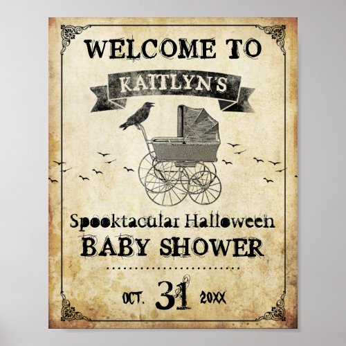 Vintage Stroller Halloween Baby Shower Welcome Poster