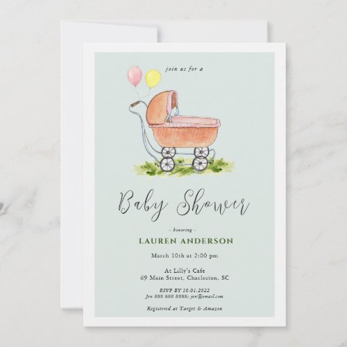 Vintage stroller Pink  Grey Girl Baby Shower Invitation