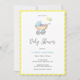 Vintage stroller with flowers Baby Shower Invitation