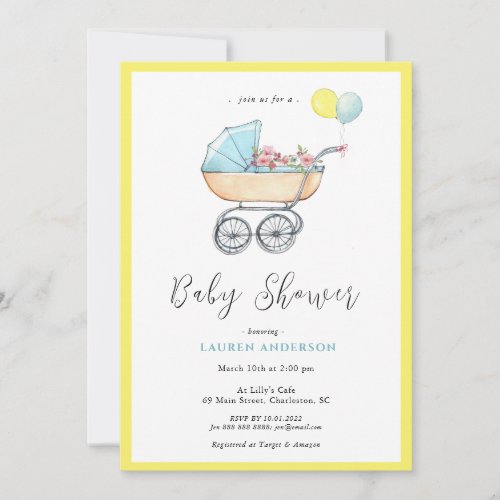 Vintage stroller with flowers Baby Shower  Invitation