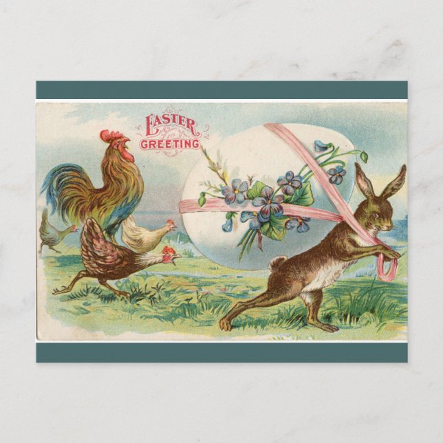 Vintage Strong Rabbit Chased By Chickens Postcard (Front)