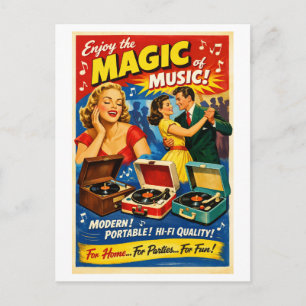 Vintage-Style 1950s Record Player Advertisement Postcard