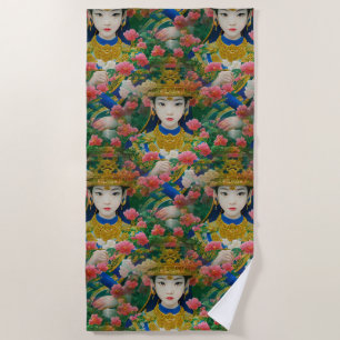 Vintage Style Abstract Asian Girl with Flowers Beach Towel
