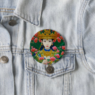 Vintage Style Abstract Asian Girl with Flowers Button