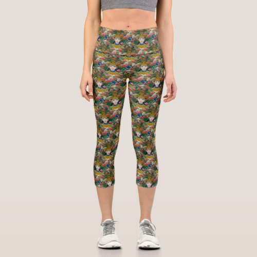 Vintage Style Abstract Asian Girl with Flowers Capri Leggings