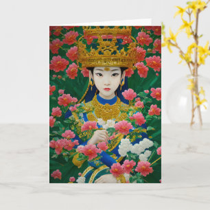Vintage Style Abstract Asian Girl with Flowers Card