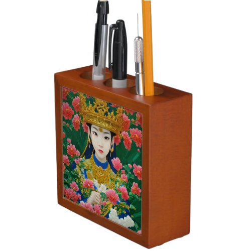 Vintage Style Abstract Asian Girl with Flowers Desk Organizer