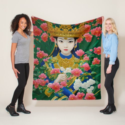 Vintage Style Abstract Asian Girl with Flowers  Fleece Blanket