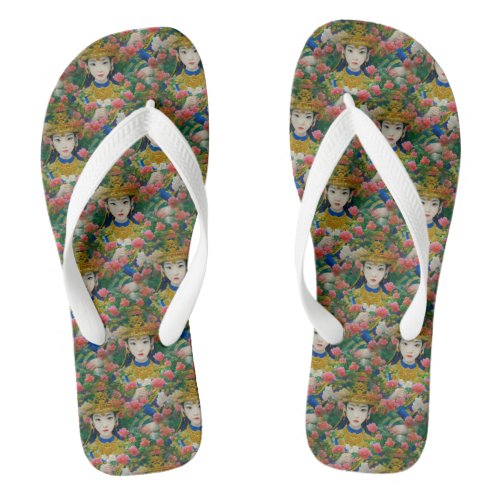 Vintage Style Abstract Asian Girl with Flowers Flip Flops
