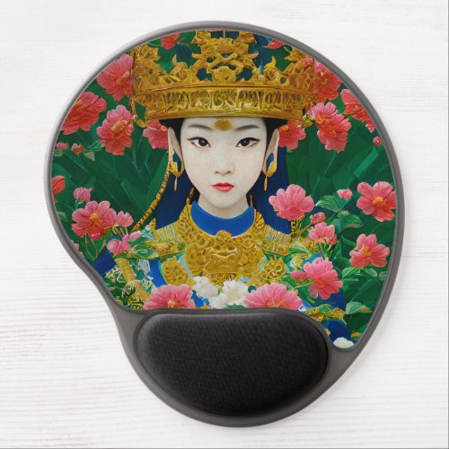 Vintage Style Abstract Asian Girl with Flowers Gel Mouse Pad