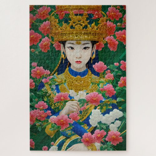 Vintage Style Abstract Asian Girl with Flowers Jigsaw Puzzle