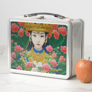 Vintage Style Abstract Asian Girl with Flowers Metal Lunch Box