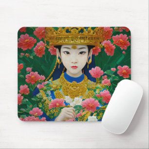 Vintage Style Abstract Asian Girl with Flowers Mouse Pad
