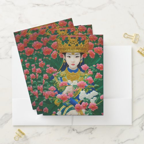 Vintage Style Abstract Asian Girl with Flowers Pocket Folder