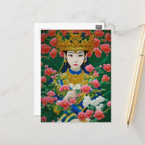 Vintage Style Abstract Asian Girl with Flowers Postcard