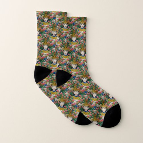 Vintage Style Abstract Asian Girl with Flowers Socks